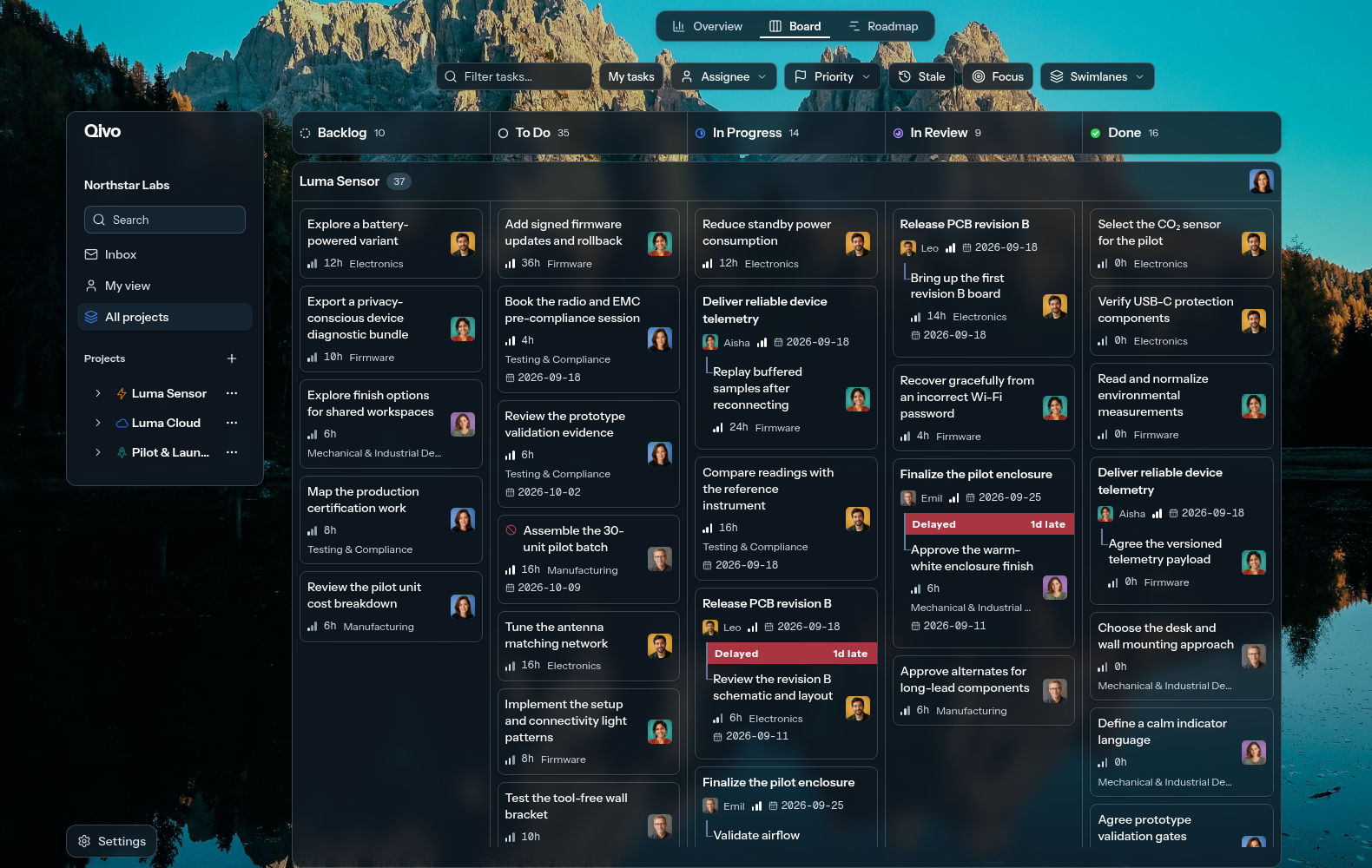 Qivo’s Northstar Labs board in Canvas appearance, showing Luma Sensor tasks grouped by status with assignees and delivery warnings.