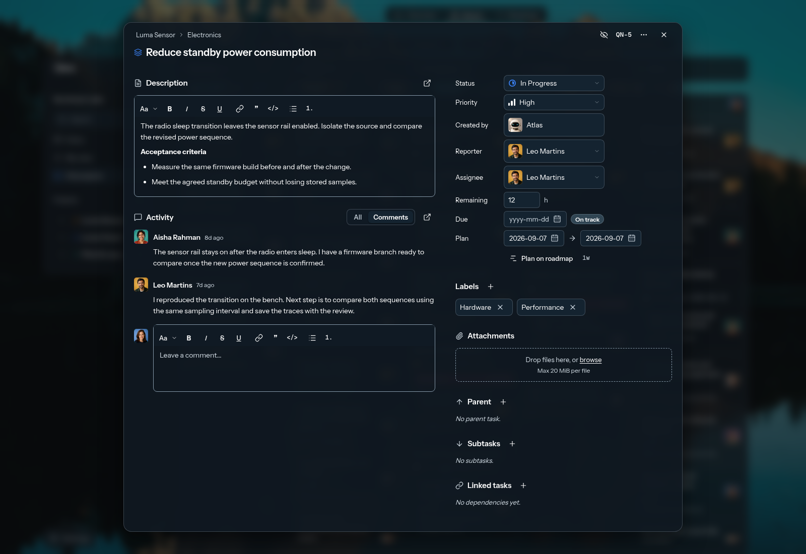 A Qivo task created by Atlas the agent, assigned to Leo, with an editable description, acceptance criteria, discussion, dates and attachments.